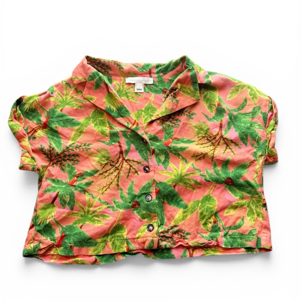Monteau LA Tropical Button Front Top Pink Green Leaf Print Size M